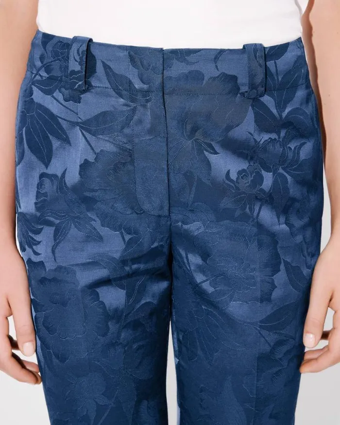Women 039KENZO Peonies039 Cropped Pants In Cotton Linen Jacquard Blue Kenzo Tailoring