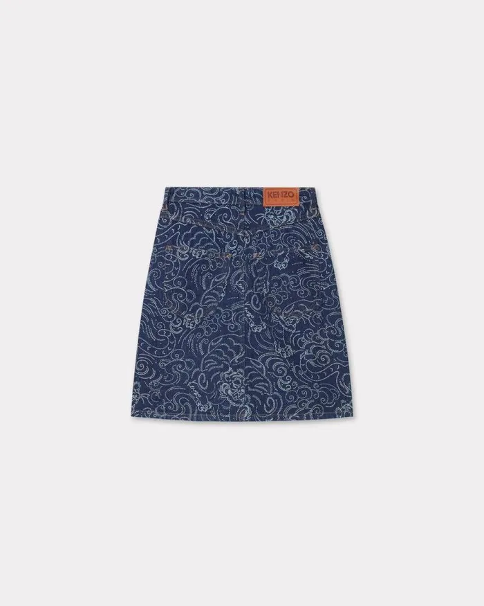 Women 039KENZO Star Tiger039 Short Skirt In Japanese Denim Rinse Blue Denim Kenzo Dresses And Skirts