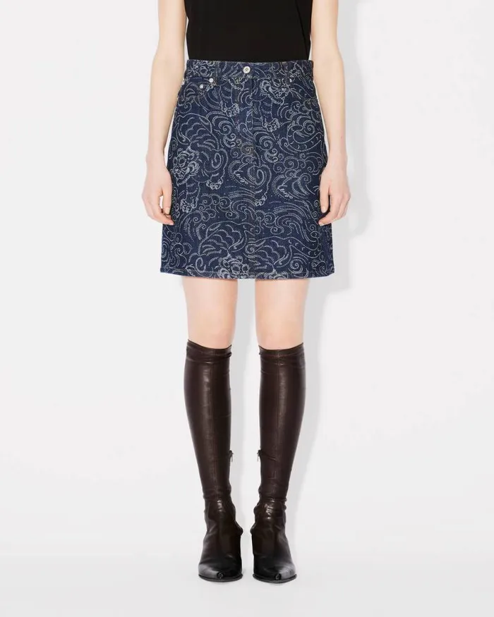 Women 039KENZO Star Tiger039 Short Skirt In Japanese Denim Rinse Blue Denim Kenzo Dresses And Skirts