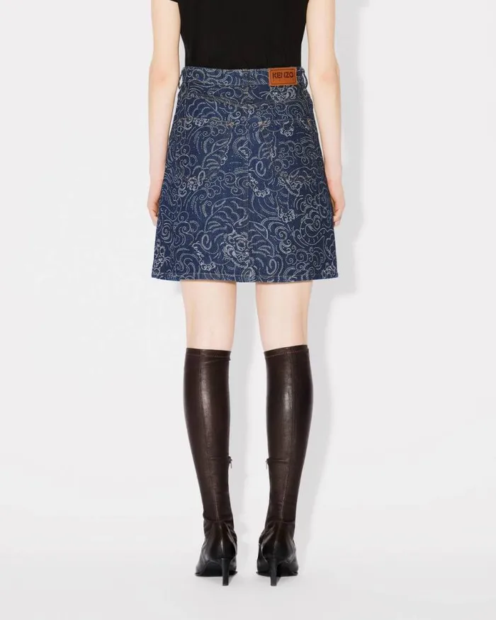 Women 039KENZO Star Tiger039 Short Skirt In Japanese Denim Rinse Blue Denim Kenzo Dresses And Skirts