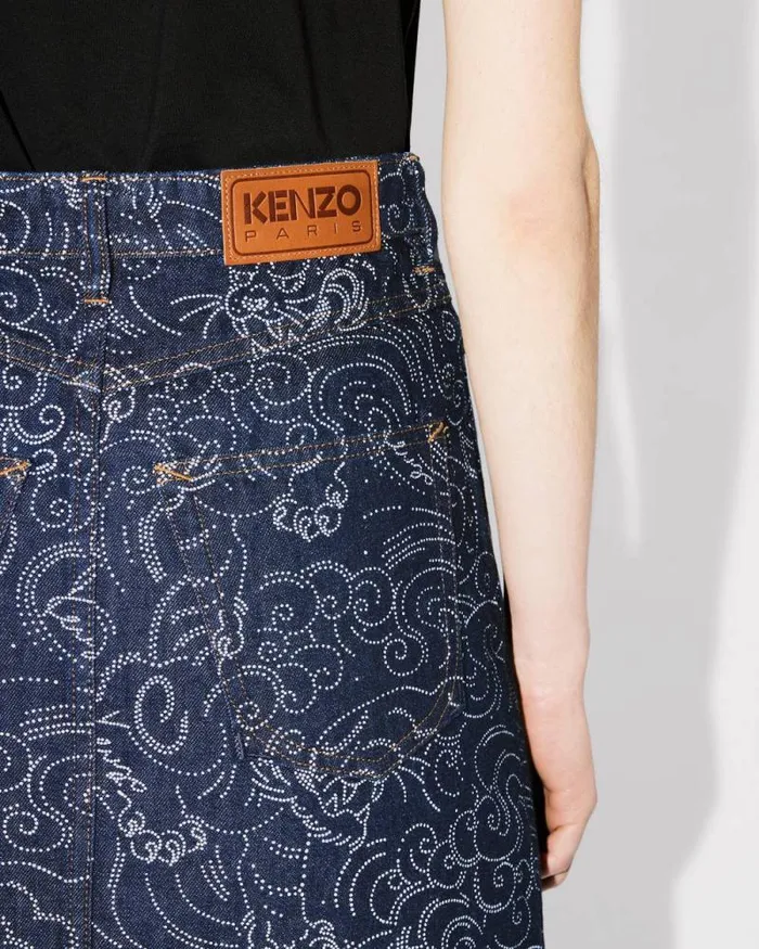 Women 039KENZO Star Tiger039 Short Skirt In Japanese Denim Rinse Blue Denim Kenzo Dresses And Skirts