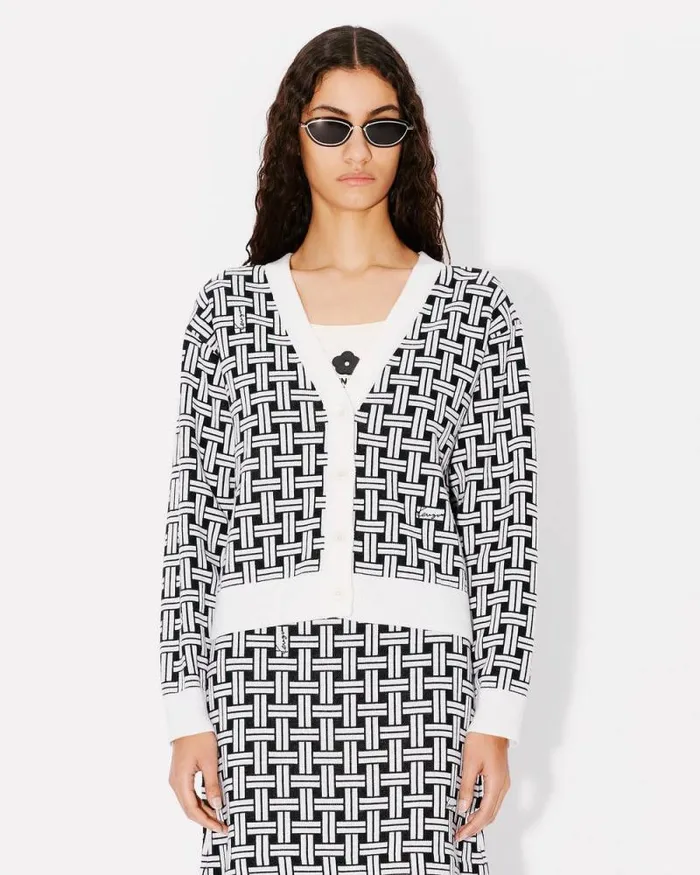 Women 039KENZO Weave039 Jacquard Cardigan In Cotton And Wool Off White Kenzo Sweaters And Cardigans