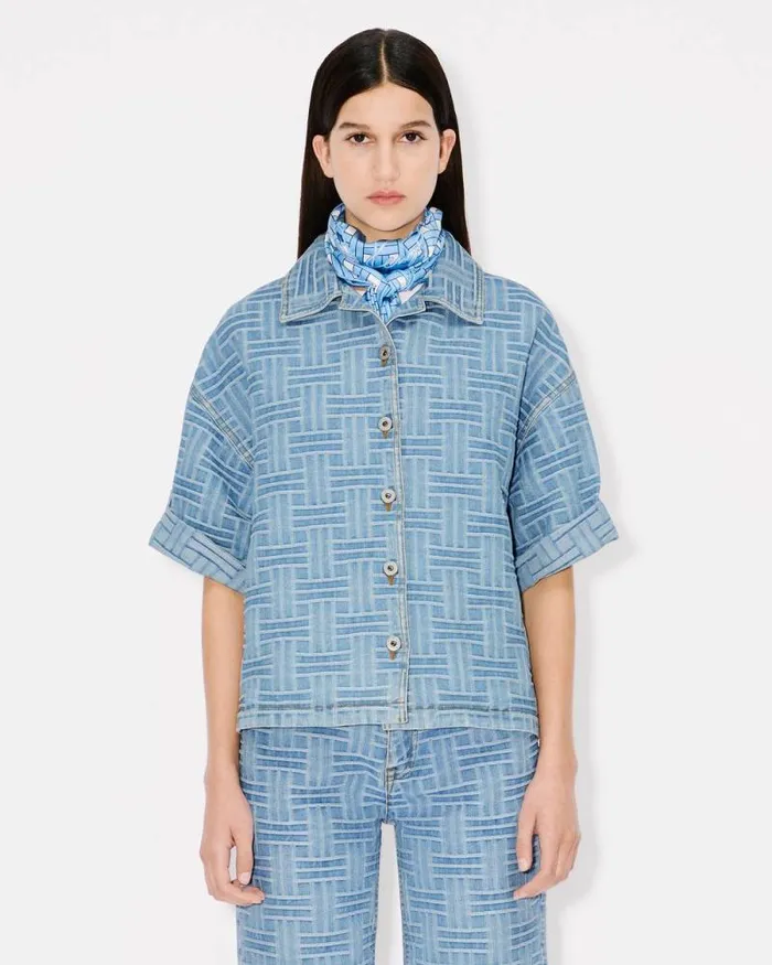 Women 039KENZO Weave039 Jacquard Oversized Shirt In Japanese Denim Bleached Blue Denim Kenzo Denim