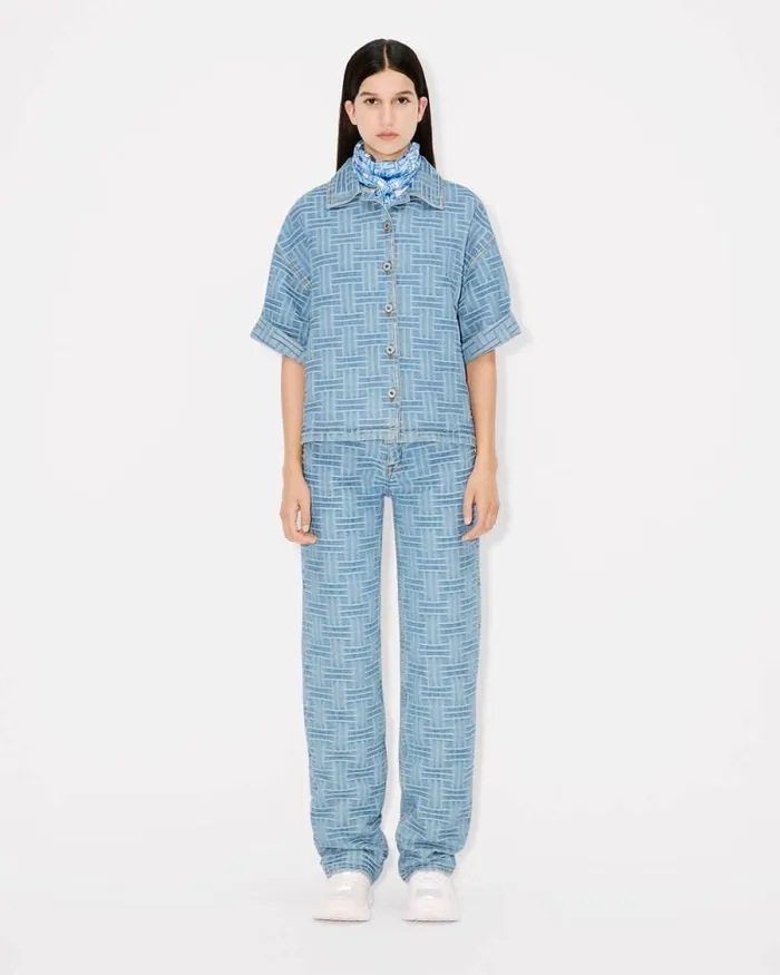 Women 039KENZO Weave039 Jacquard Oversized Shirt In Japanese Denim Bleached Blue Denim Kenzo Denim