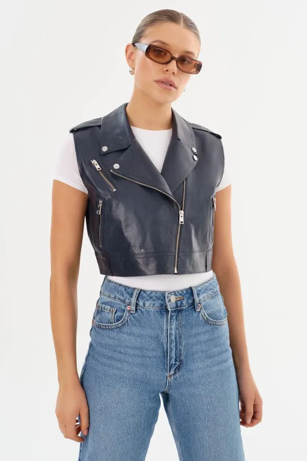 Women AMALIA Leather Biker Vest Navy LAMARQUE Leather Jackets Women AMALIA Leather Biker Vest Navy LAMARQUE Leather Jackets