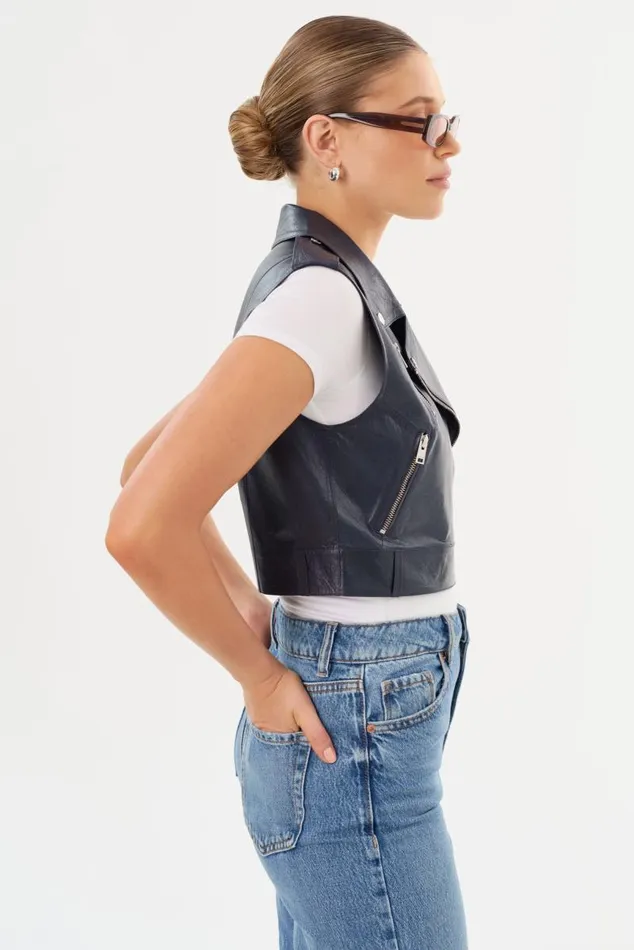 Women AMALIA Leather Biker Vest Navy LAMARQUE Leather Jackets Women AMALIA Leather Biker Vest Navy LAMARQUE Leather Jackets