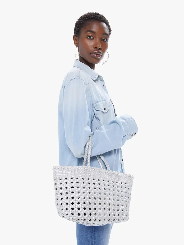 Women Bags Mother Denim Metallic Malana Small Chairweave Tote Silver