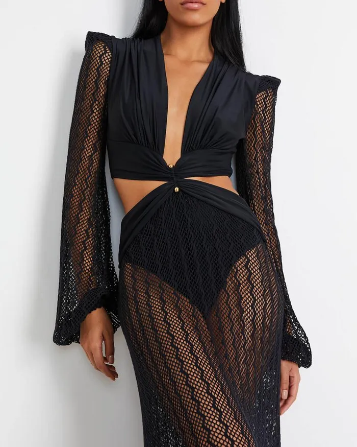 Women Beach Dresses PatBO PLUNGE NETTED BEACH DRESS EXCLUSIVE Black