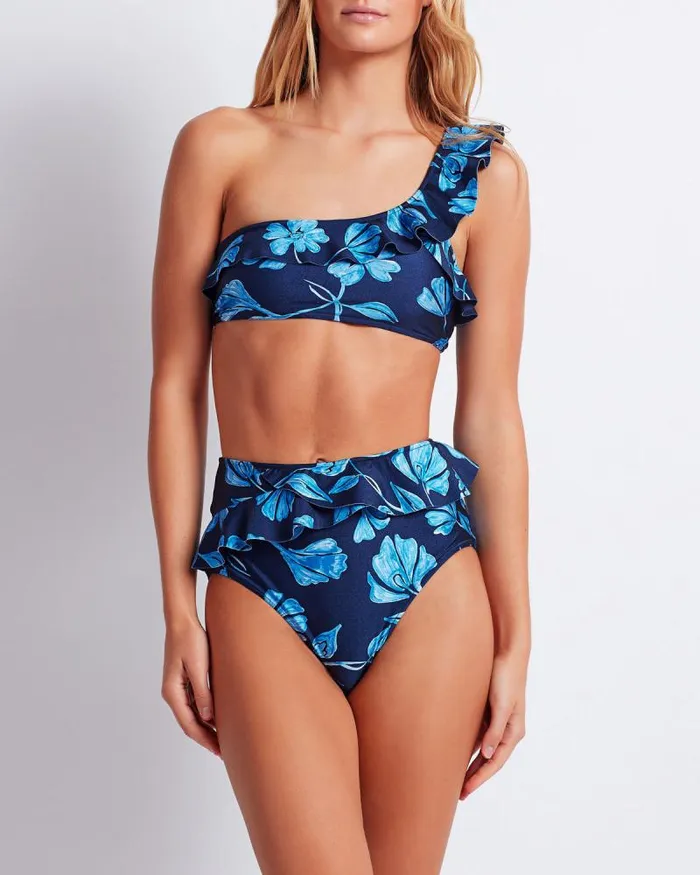Women Bikinis PatBO Nightflower One Shoulder Bikini Top FINAL SALE Indigo