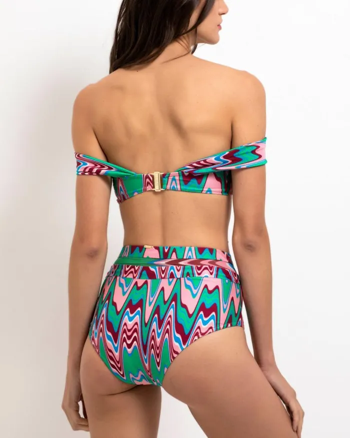 Women Bikinis PatBO Wave Printed Mesh Bikini Bottom FINAL SALE Green Multi