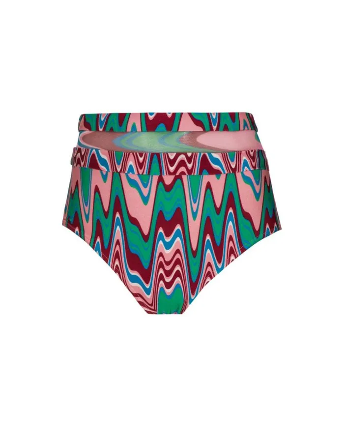 Women Bikinis PatBO Wave Printed Mesh Bikini Bottom FINAL SALE Green Multi