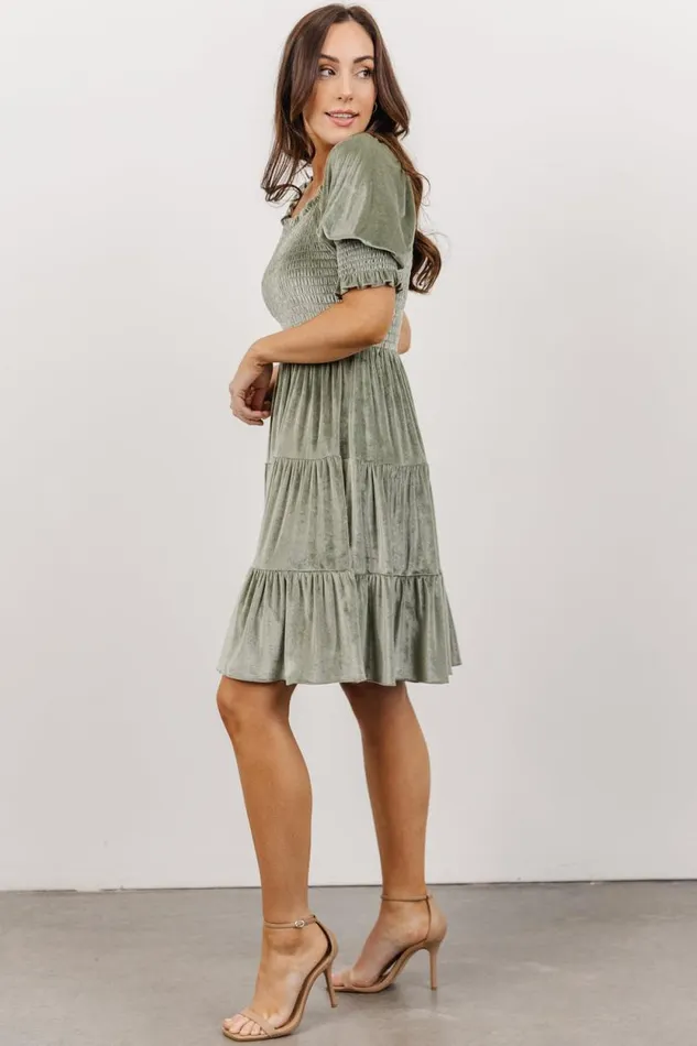 Women Bliss Smocked Velvet Short Dress Dusty Sage Baltic Born Short Dresses