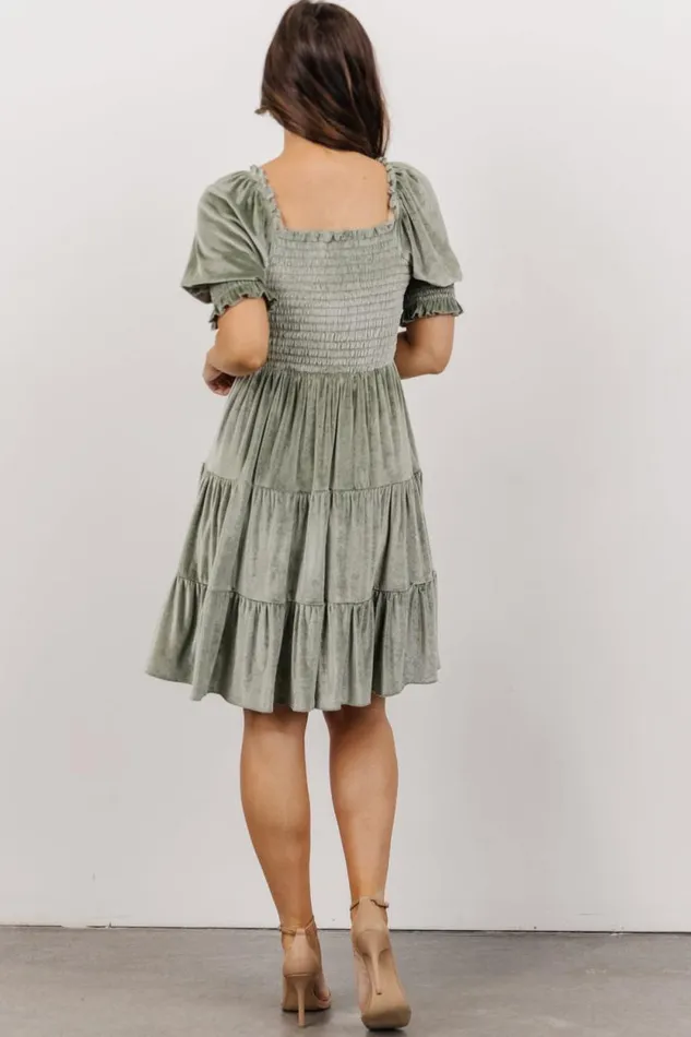 Women Bliss Smocked Velvet Short Dress Dusty Sage Baltic Born Short Dresses