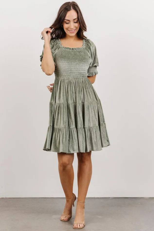 Women Bliss Smocked Velvet Short Dress Dusty Sage Baltic Born Short Dresses