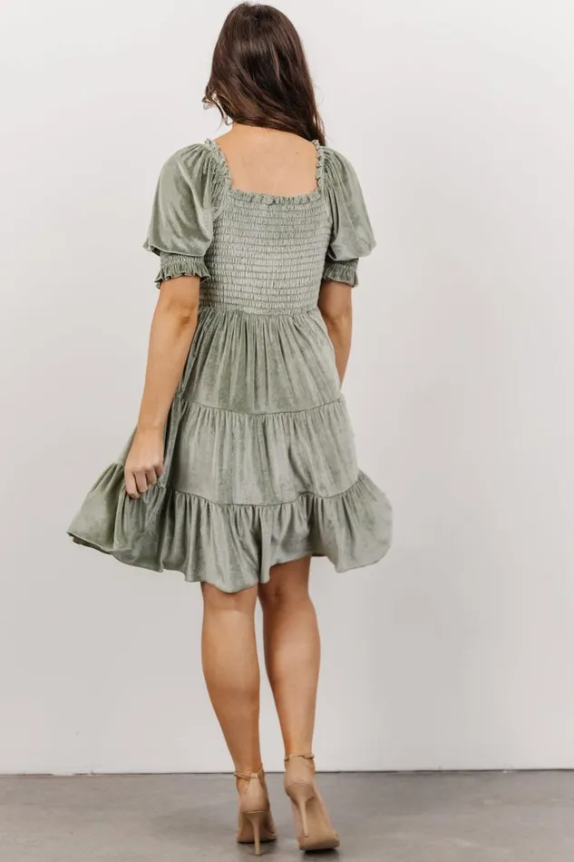 Women Bliss Smocked Velvet Short Dress Dusty Sage Baltic Born Short Dresses