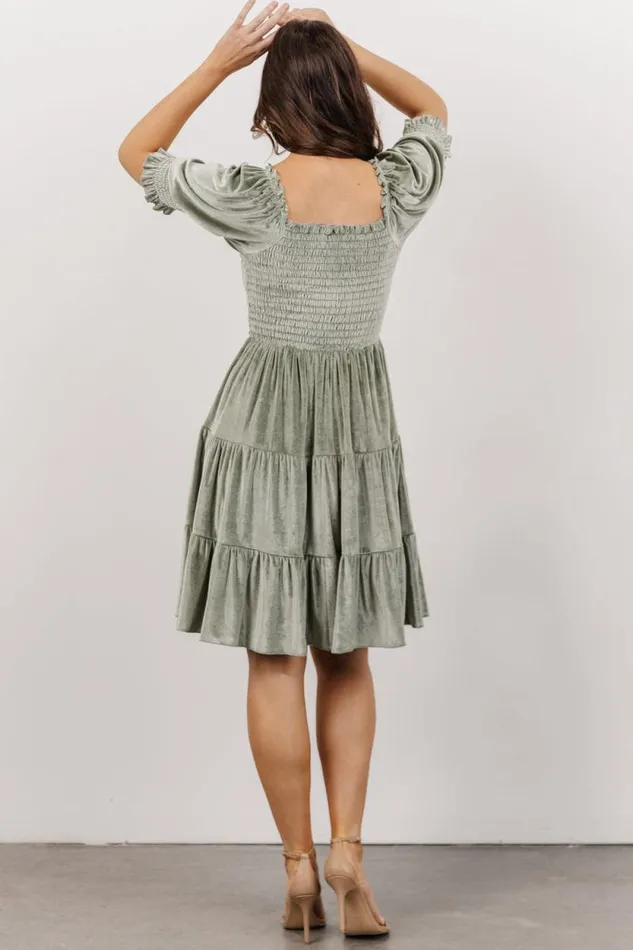 Women Bliss Smocked Velvet Short Dress Dusty Sage Baltic Born Short Dresses