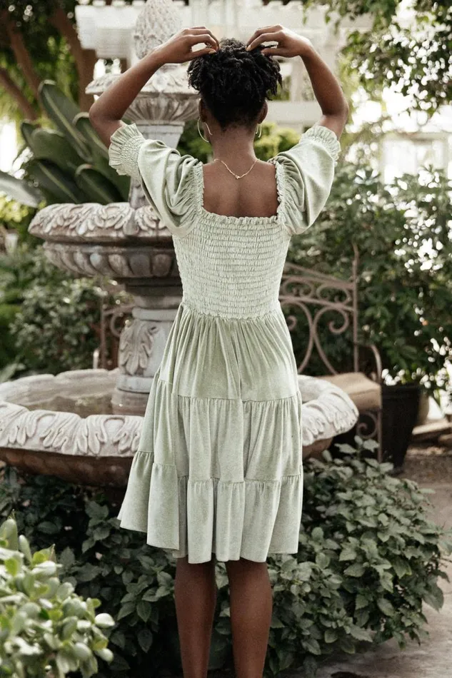Women Bliss Smocked Velvet Short Dress Dusty Sage Baltic Born Short Dresses