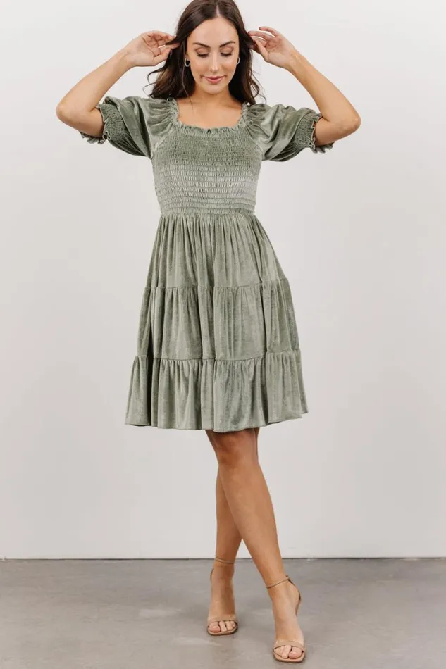 Women Bliss Smocked Velvet Short Dress Dusty Sage Baltic Born Short Dresses