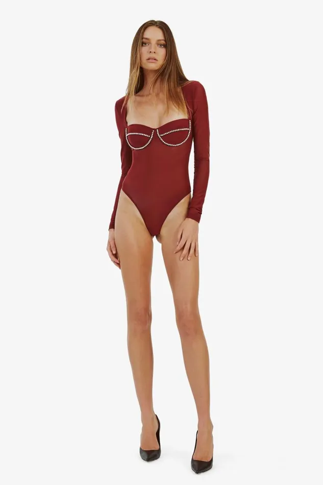 Women Bodysuits Bardot Carter Diamante Bodysuit In Burgundy Burgundy