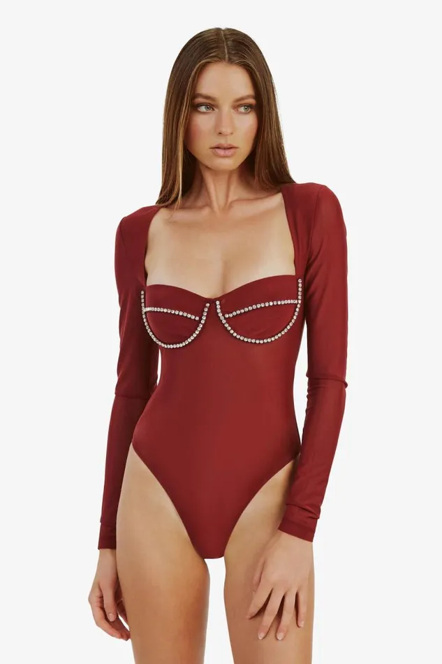 Women Bodysuits Bardot Carter Diamante Bodysuit In Burgundy Burgundy