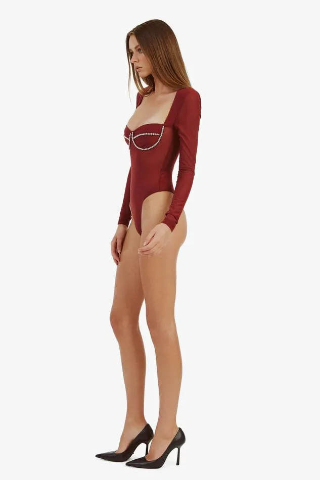 Women Bodysuits Bardot Carter Diamante Bodysuit In Burgundy Burgundy