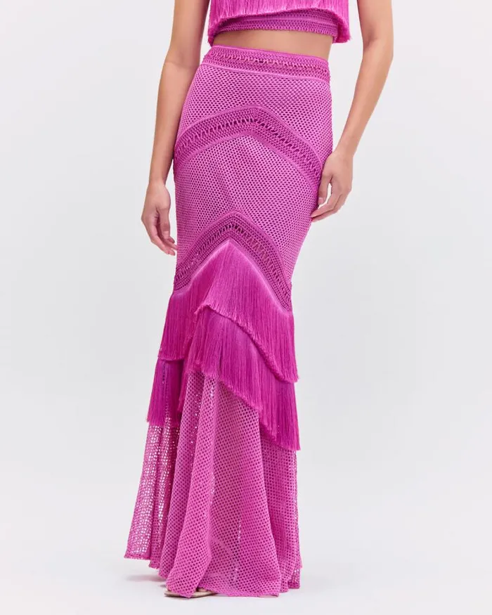 Women Bottoms PatBO Fringe Maxi Skirt Cerise