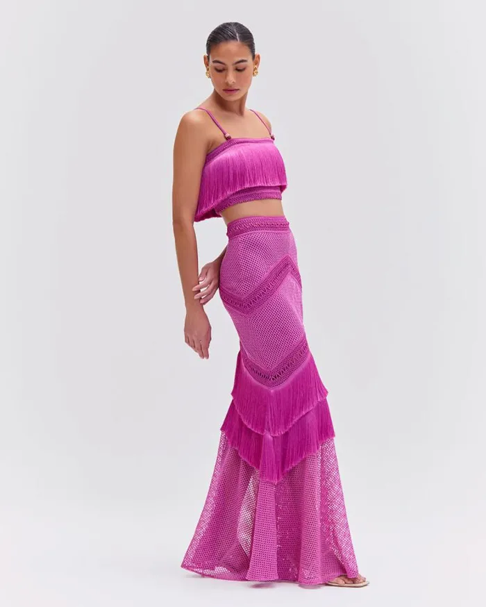Women Bottoms PatBO Fringe Maxi Skirt Cerise