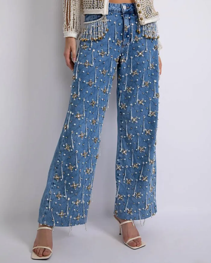 Women Bottoms PatBO HANDBEADED HIGH WAIST JEANS FINAL SALE Denim