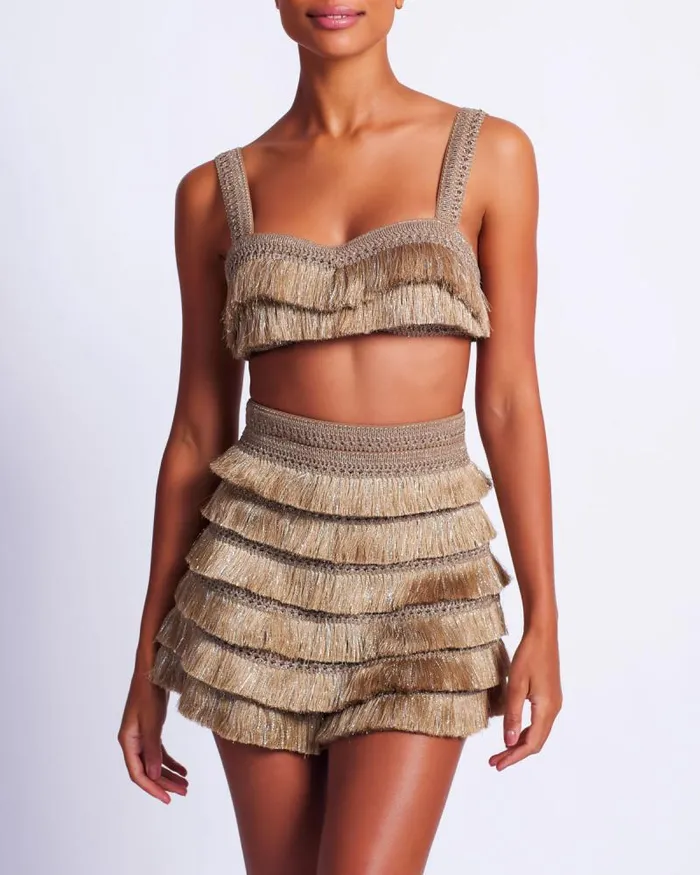 Women Bottoms PatBO Metallic Fringe Shorts Gold