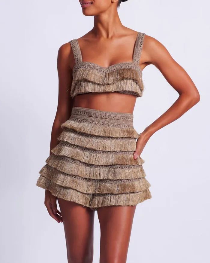 Women Bottoms PatBO Metallic Fringe Shorts Gold