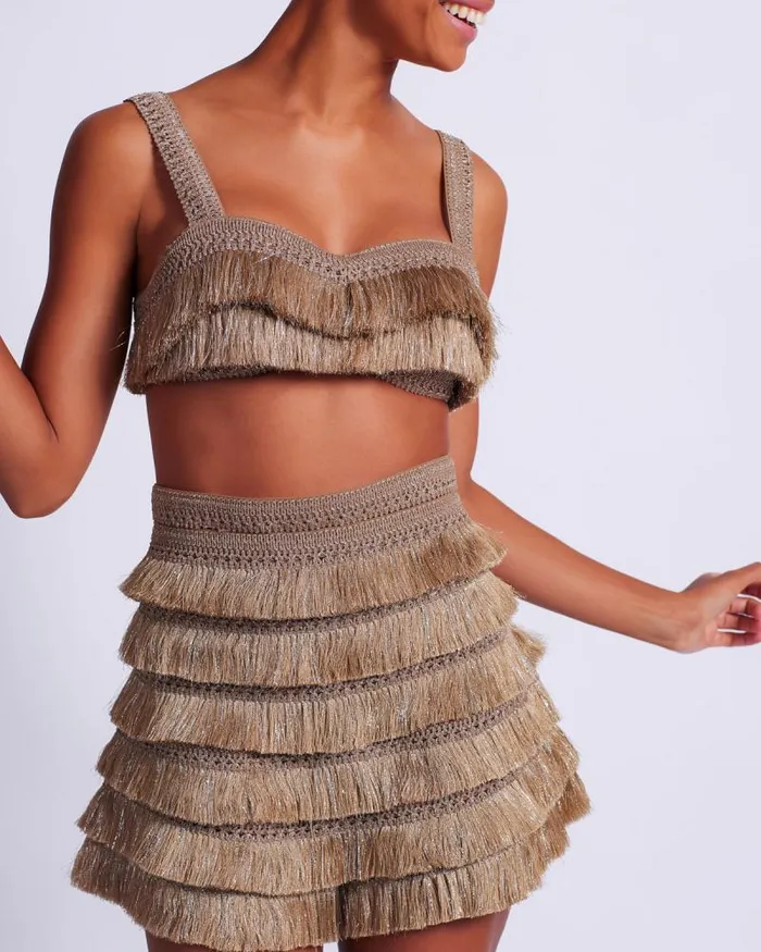 Women Bottoms PatBO Metallic Fringe Shorts Gold