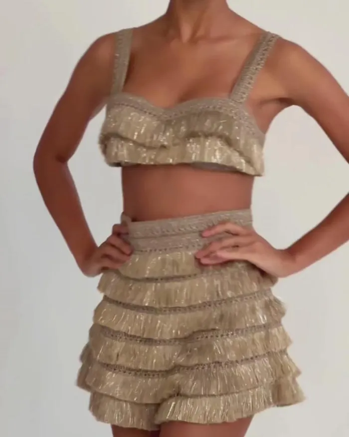 Women Bottoms PatBO Metallic Fringe Shorts Gold