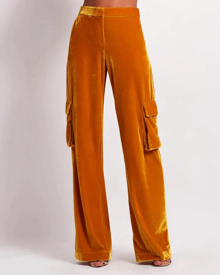 Women Bottoms PatBO Velvet Cargo Pants FINAL SALE Mustard