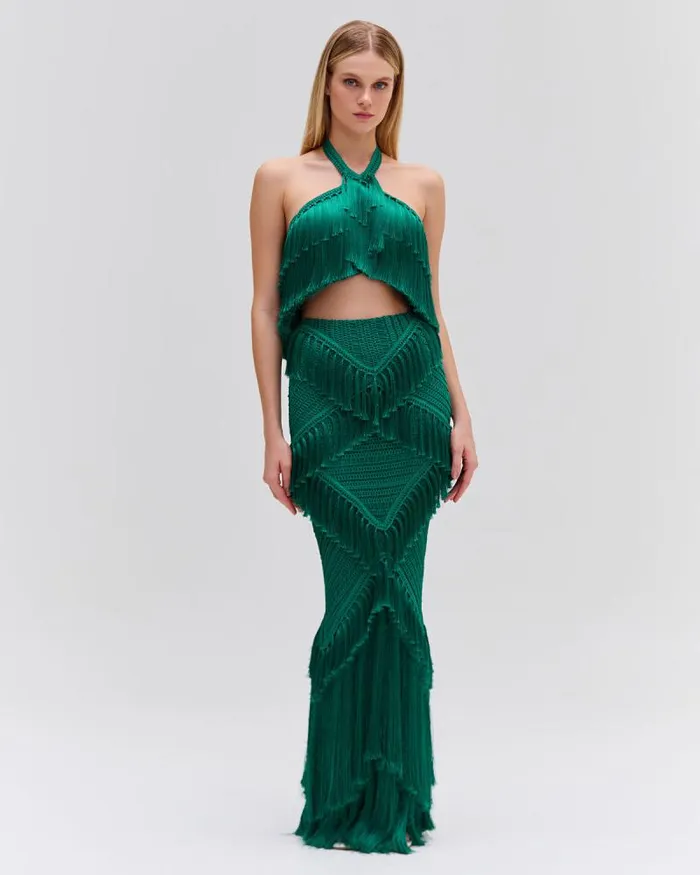 Women Bottoms PatBO Woven Fringe Trim Maxi Skirt FINAL SALE Jade