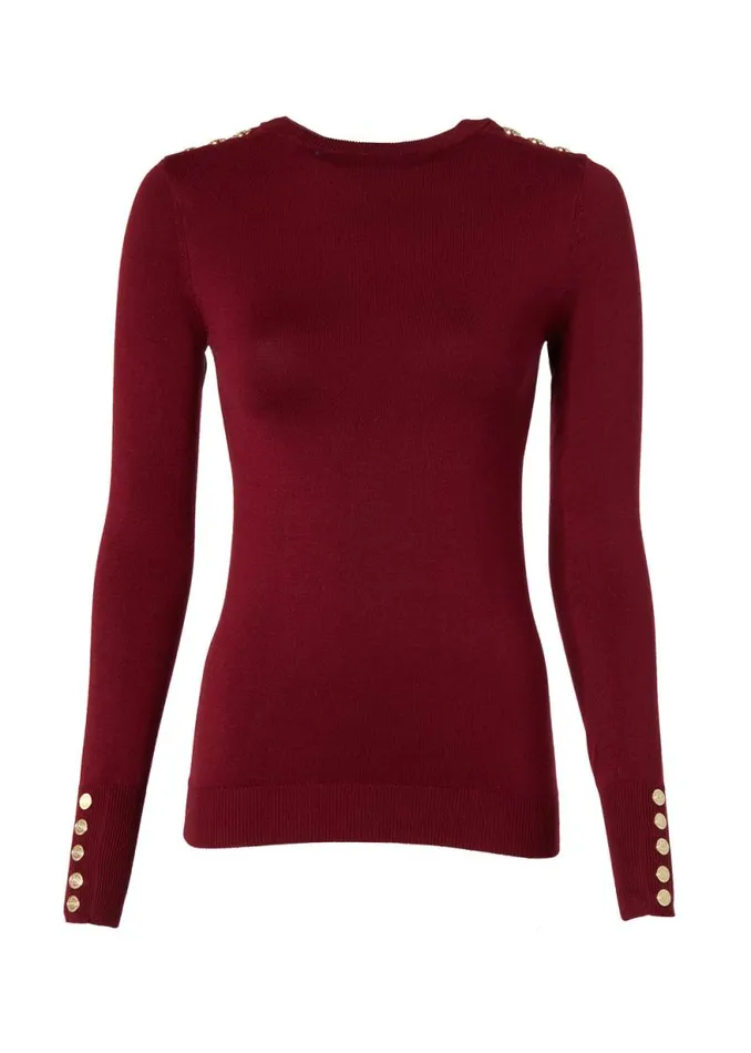 Women Buttoned Knit Crew Neck Wine Holland Cooper Knitwear