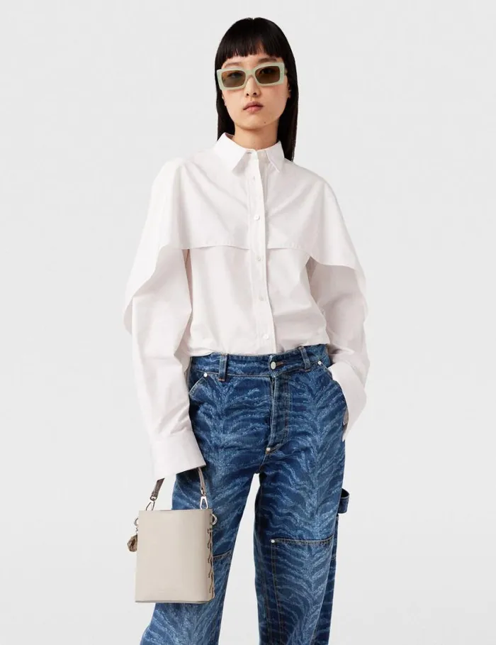 Women Cape Layer Long Sleeve Shirt Pure White Stella McCartney Shirts And Tops