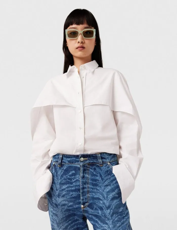 Women Cape Layer Long Sleeve Shirt Pure White Stella McCartney Shirts And Tops