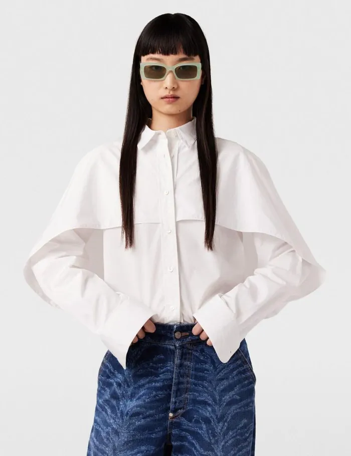 Women Cape Layer Long Sleeve Shirt Pure White Stella McCartney Shirts And Tops