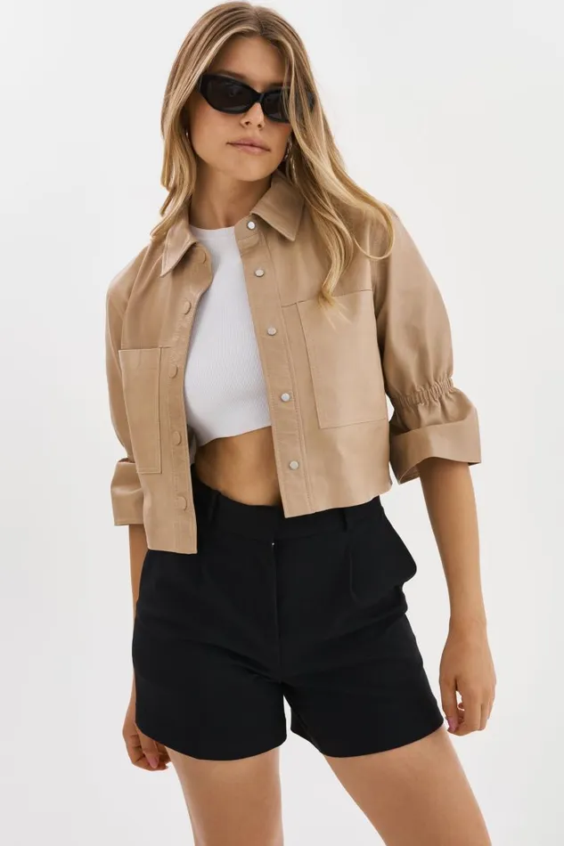 Women CAROLINA Leather Ruffle Sleeve Jacket Beige LAMARQUE Leather Jackets Women CAROLINA Leather Ruffle Sleeve Jacket Beige LAMARQUE Leather Jackets