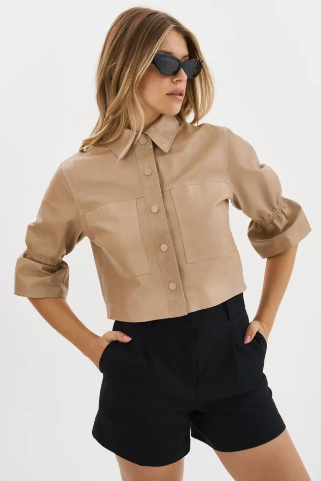 Women CAROLINA Leather Ruffle Sleeve Jacket Beige LAMARQUE Leather Jackets Women CAROLINA Leather Ruffle Sleeve Jacket Beige LAMARQUE Leather Jackets