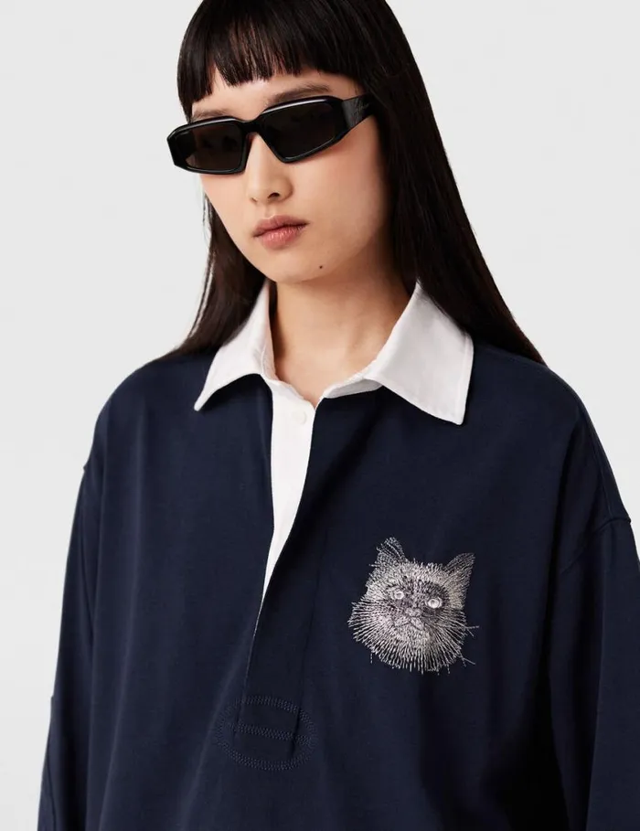 Women CatEmbroidered Sweatshirt Dress Deep Navy Stella McCartney Sweatshirts And TShirts