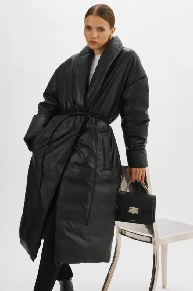 Women CATALINA Oversized Leather Blanket Coat Black LAMARQUE Puffers