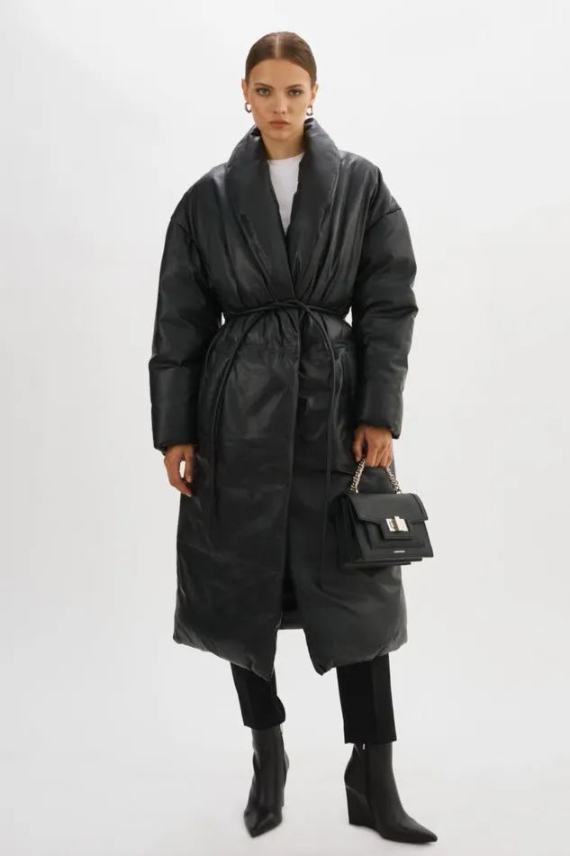 Women CATALINA Oversized Leather Blanket Coat Black LAMARQUE Puffers Women CATALINA Oversized Leather Blanket Coat Black LAMARQUE Puffers