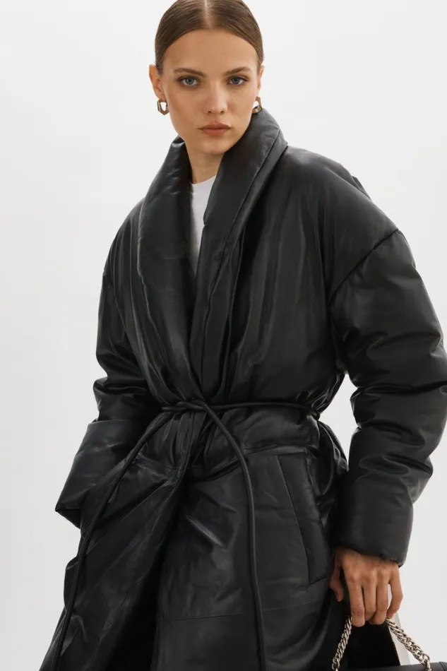 Women CATALINA Oversized Leather Blanket Coat Black LAMARQUE Puffers Women CATALINA Oversized Leather Blanket Coat Black LAMARQUE Puffers