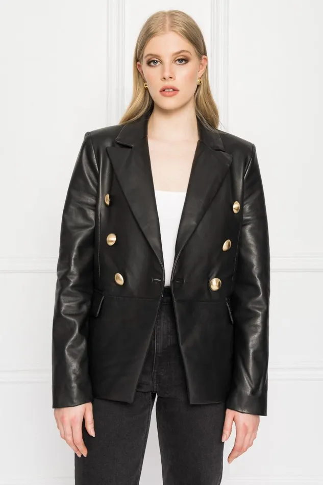 Women CATHERINE Double Breasted Leather Blazer Black LAMARQUE Blazers