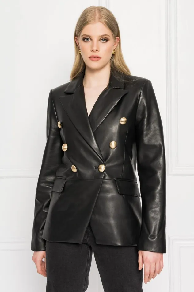 Women CATHERINE Double Breasted Leather Blazer Black LAMARQUE Blazers