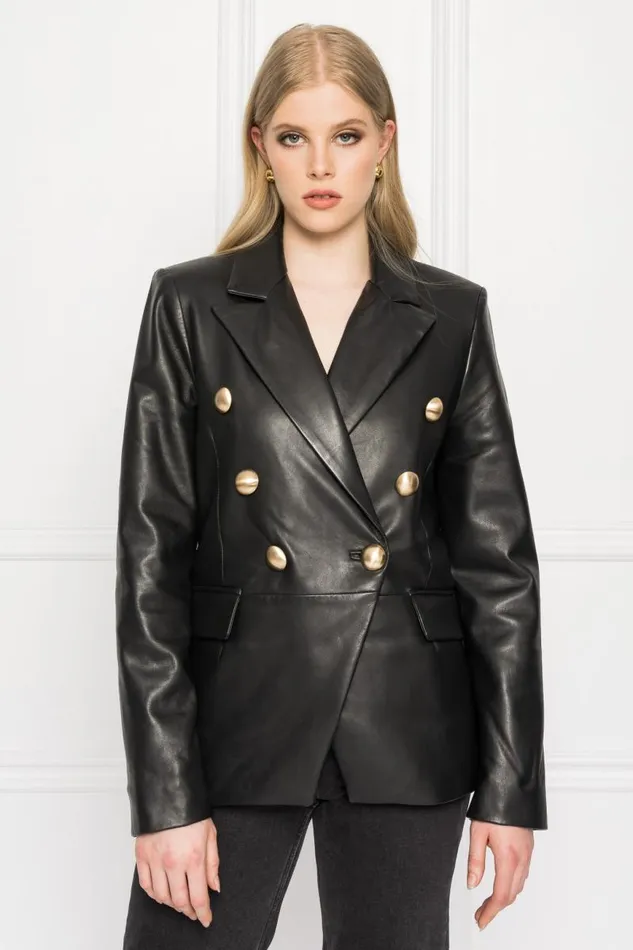Women CATHERINE Double Breasted Leather Blazer Black LAMARQUE Blazers