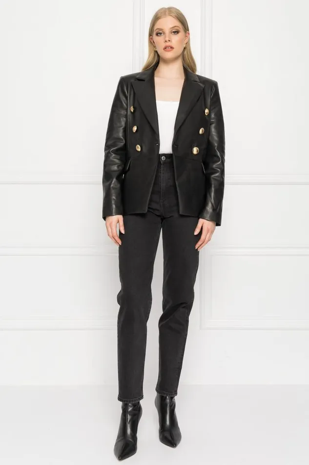 Women CATHERINE Double Breasted Leather Blazer Black LAMARQUE Blazers