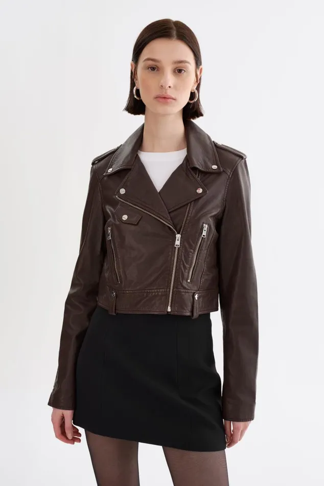 Women CIARA Cropped Leather Biker Jacket Dark Brown LAMARQUE Leather Jackets