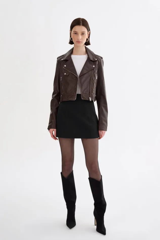 Women CIARA Cropped Leather Biker Jacket Dark Brown LAMARQUE Leather Jackets